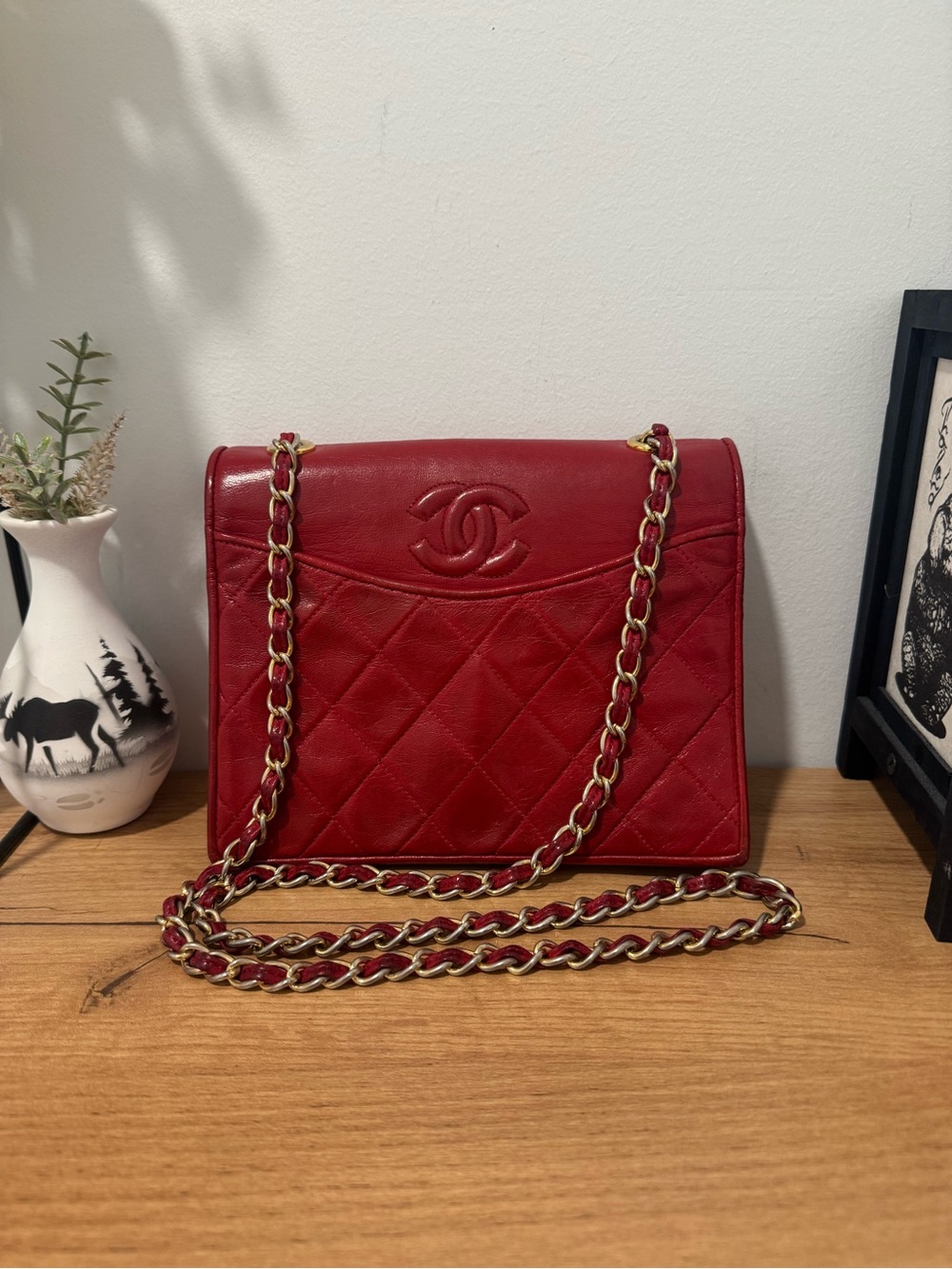 VINTAGE Chanel Red Lambskin Quilted Coco Mark Shoulder Bag - AS IS